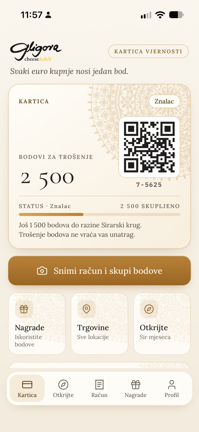Ekran kartice u aplikaciji Gligora Club: stanje bodova, QR kod i status člana