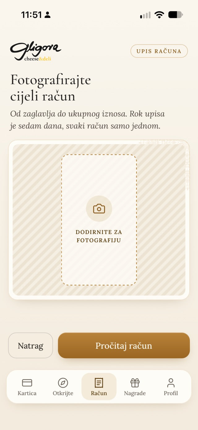 Ekran za fotografiranje računa u aplikaciji Gligora Club