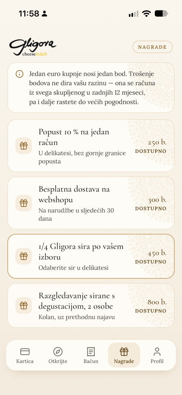 Ekran nagrada u aplikaciji Gligora Club